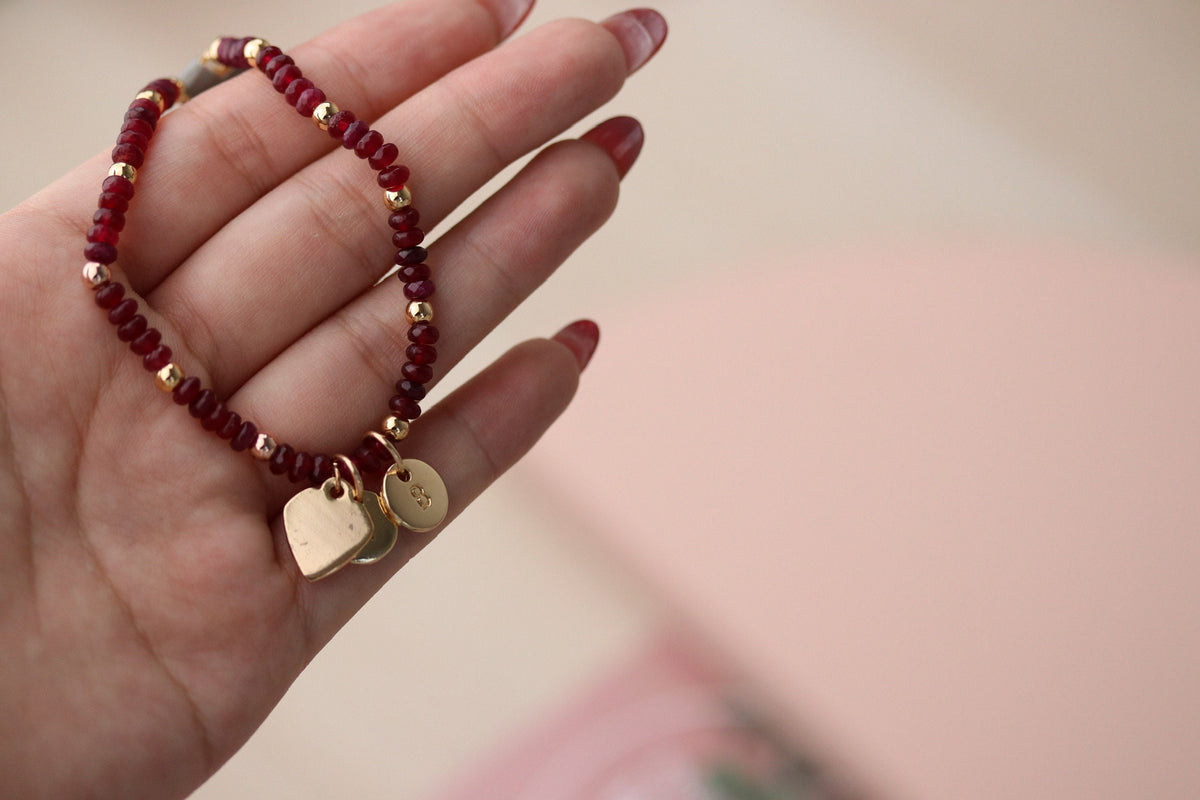 Personalised Initial Ruby Beads Bracelet, Gift for Sister Bracelet Alphabet Minimalist Jeweller, Dainty Natural Stone Bracelet, Gift for Her