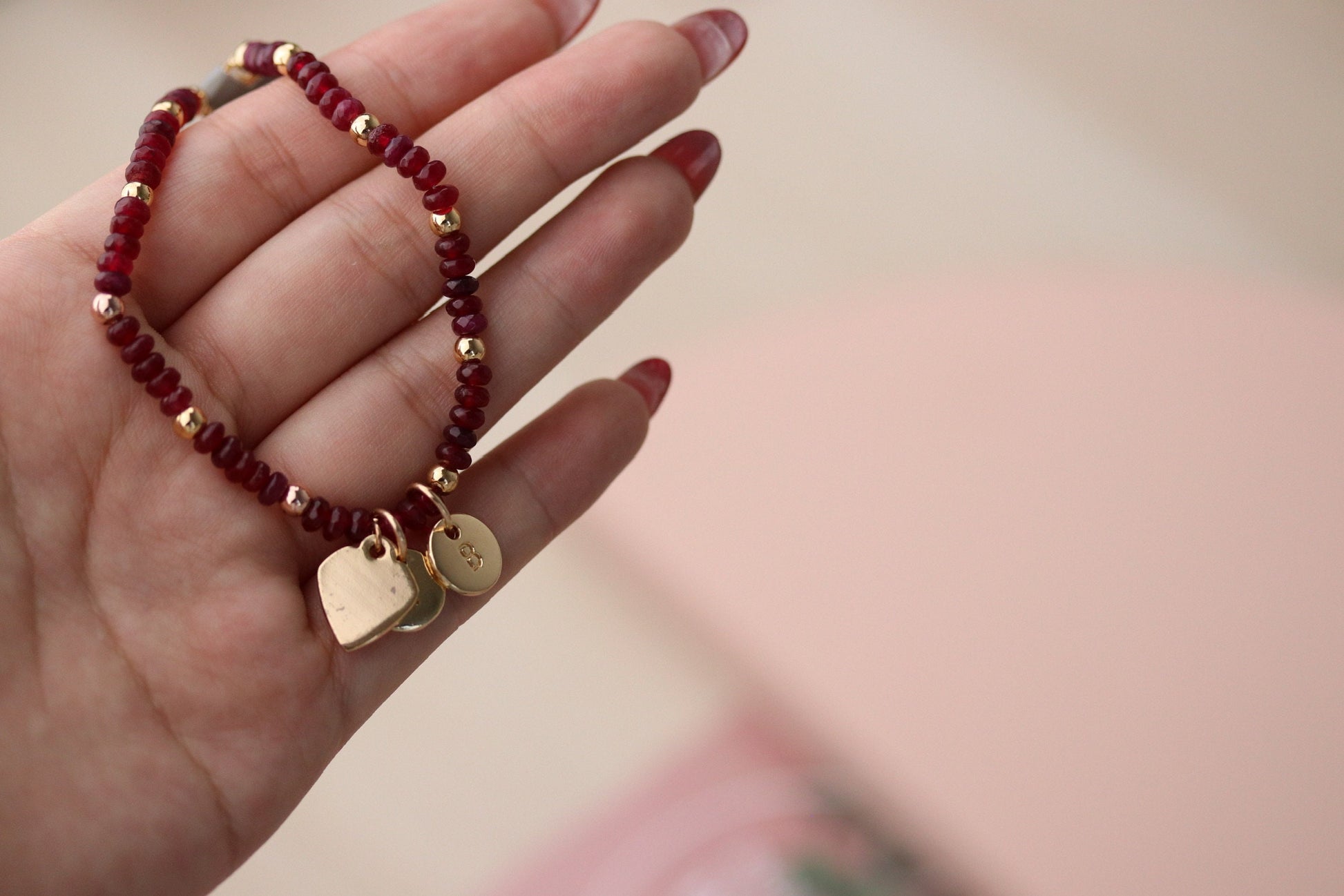 Personalised Initial Ruby Beads Bracelet, Gift for Sister Bracelet Alphabet Minimalist Jeweller, Dainty Natural Stone Bracelet, Gift for Her