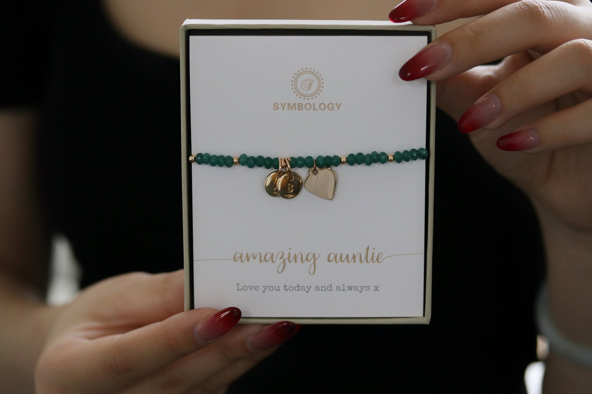 Personalised Auntie Heart Bracelet, Initial Charm Bracelet, Gold Emerald Beads Bangle, Stackable Gemstone Bracelet, Auntie May Birthday Gift