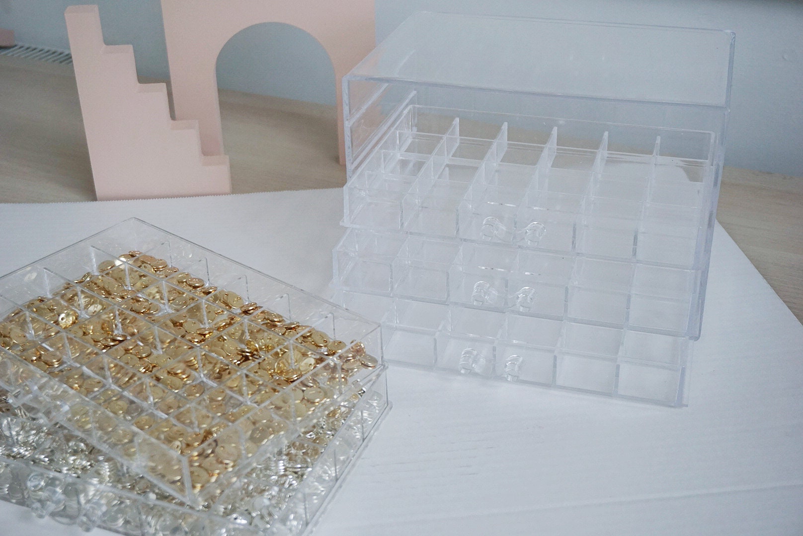 5 Layers Clear Acrylic Organiser Box with 120 Sections Compartments, Five Drawers Tray, Handmade Parts Organiser, Jewellery Party StorageBox