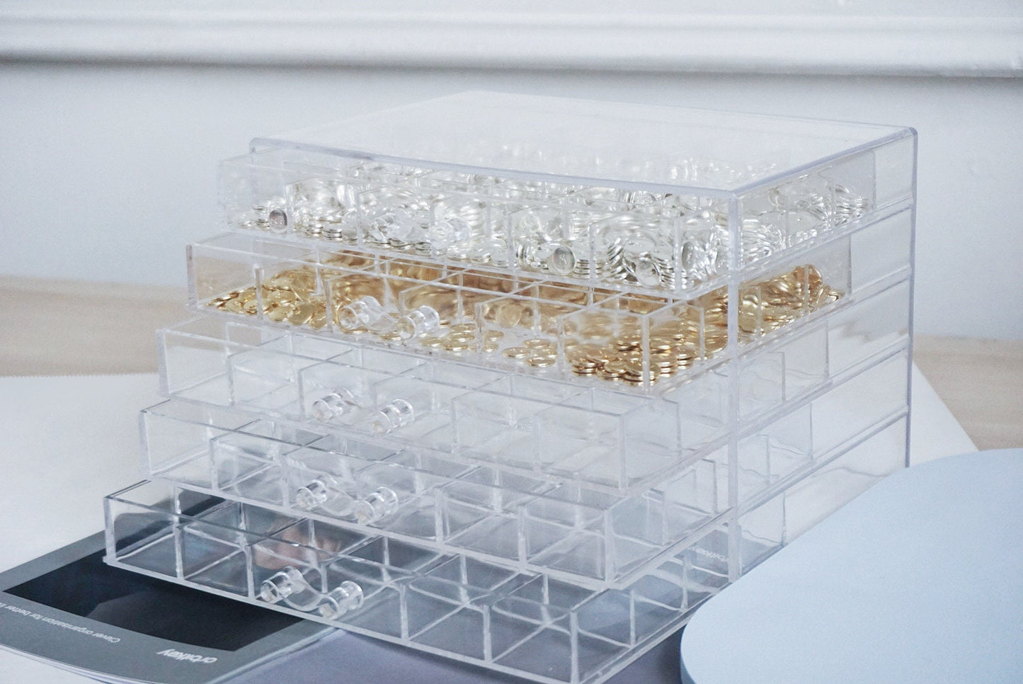 5 Layers Clear Acrylic Organiser Box with 120 Sections Compartments, Five Drawers Tray, Handmade Parts Organiser, Jewellery Party StorageBox