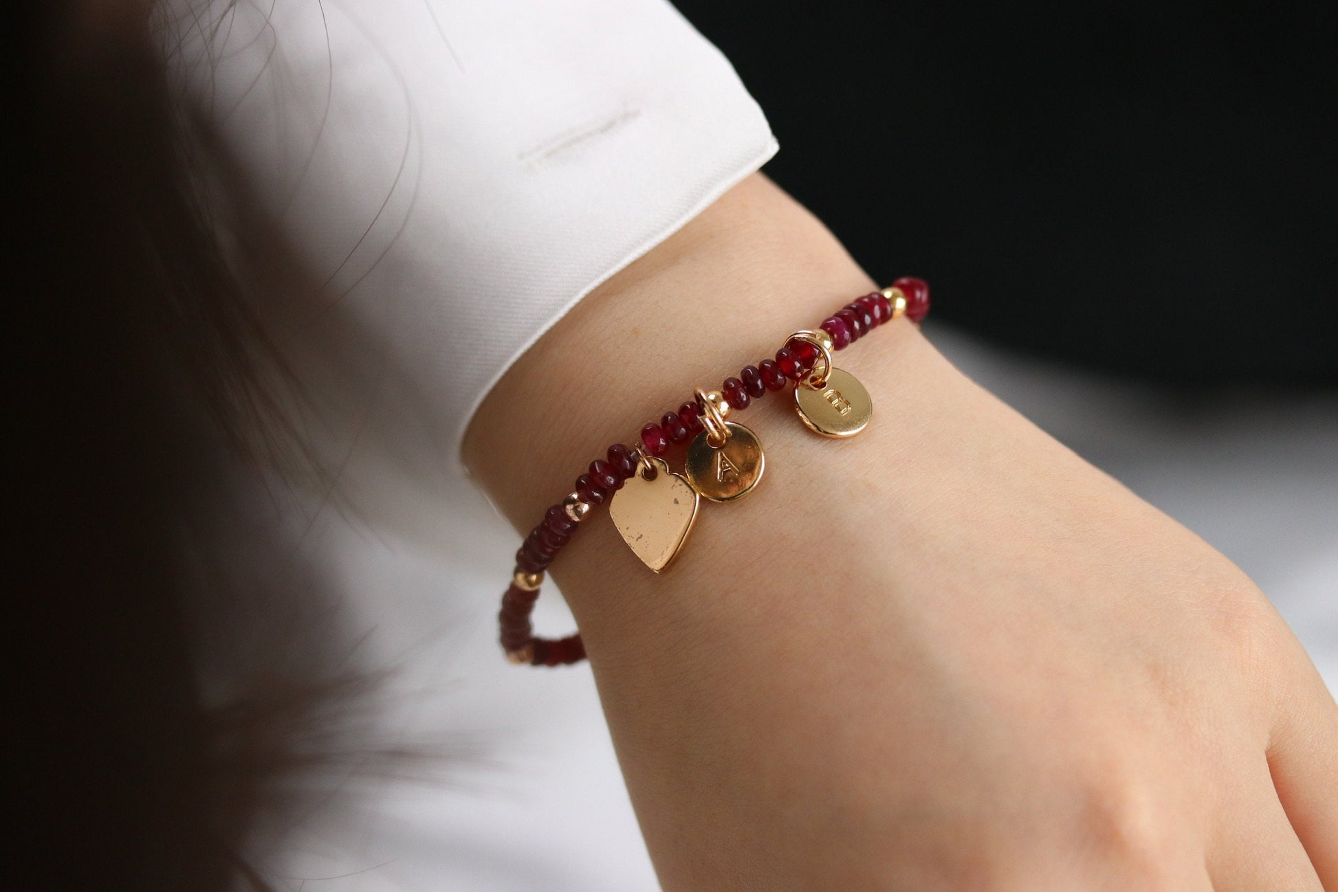 Personalised Initial Ruby Beads Bracelet, Gift for Sister Bracelet Alphabet Minimalist Jeweller, Dainty Natural Stone Bracelet, Gift for Her