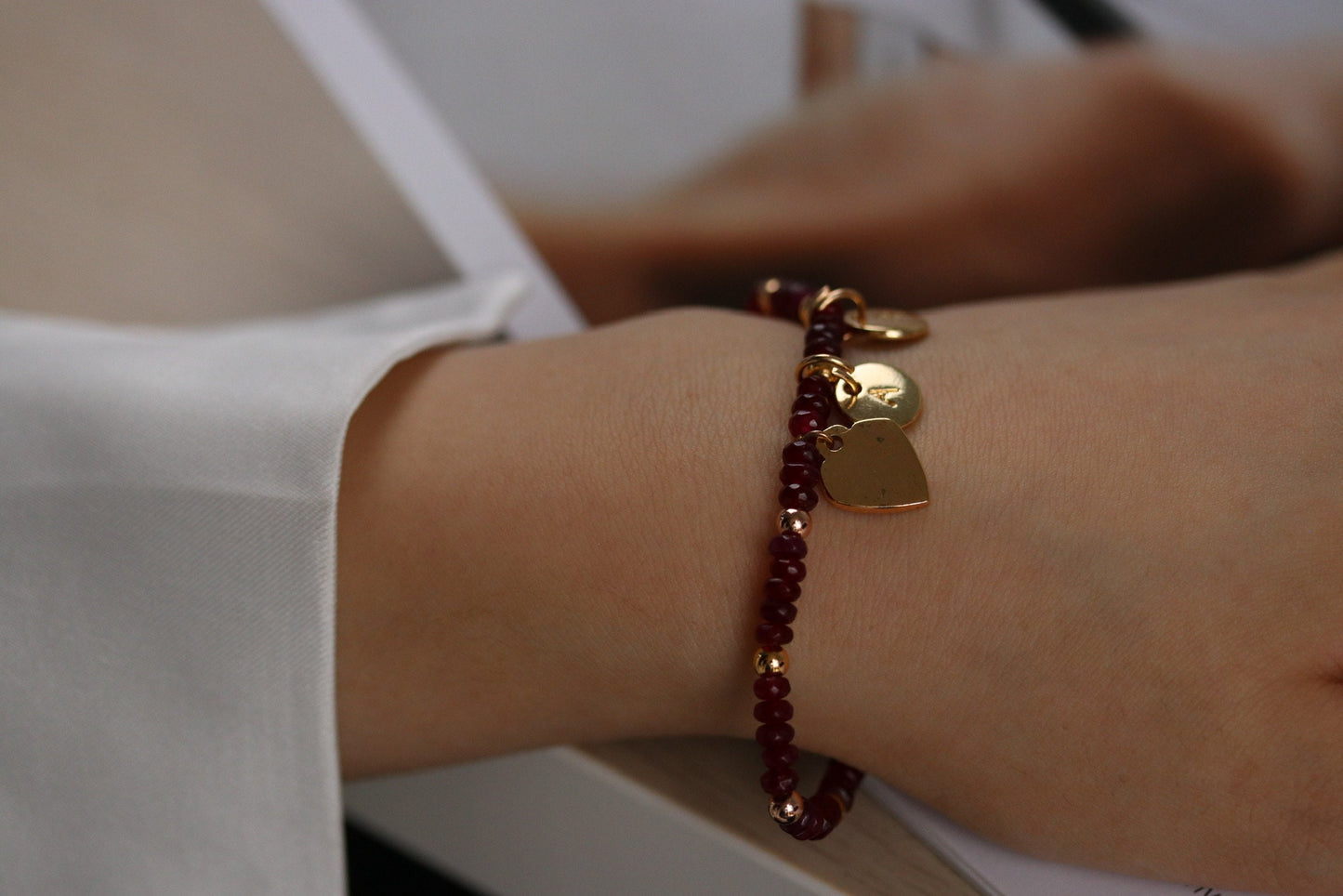Personalised Initial Ruby Beads Bracelet, Gift for Sister Bracelet Alphabet Minimalist Jeweller, Dainty Natural Stone Bracelet, Gift for Her