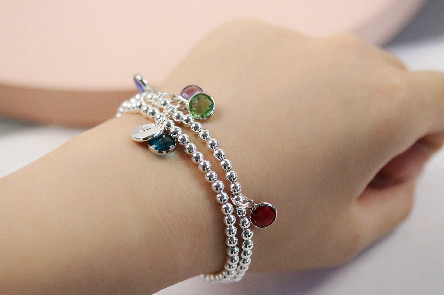 Personalised Silver Initial Bracelet, Silver Beaded Elastic Daughter Bracelet, Gift for Mum, Birthday Gift for Her, Minimalist Bracelet