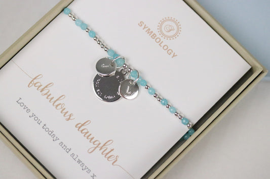 Personalised Initial Bracelet, Mum Bracelet Gifting, Silver Blue Natural Beads Bangle, Stackable Gemstone Bracelet, Gift for Daughter in law