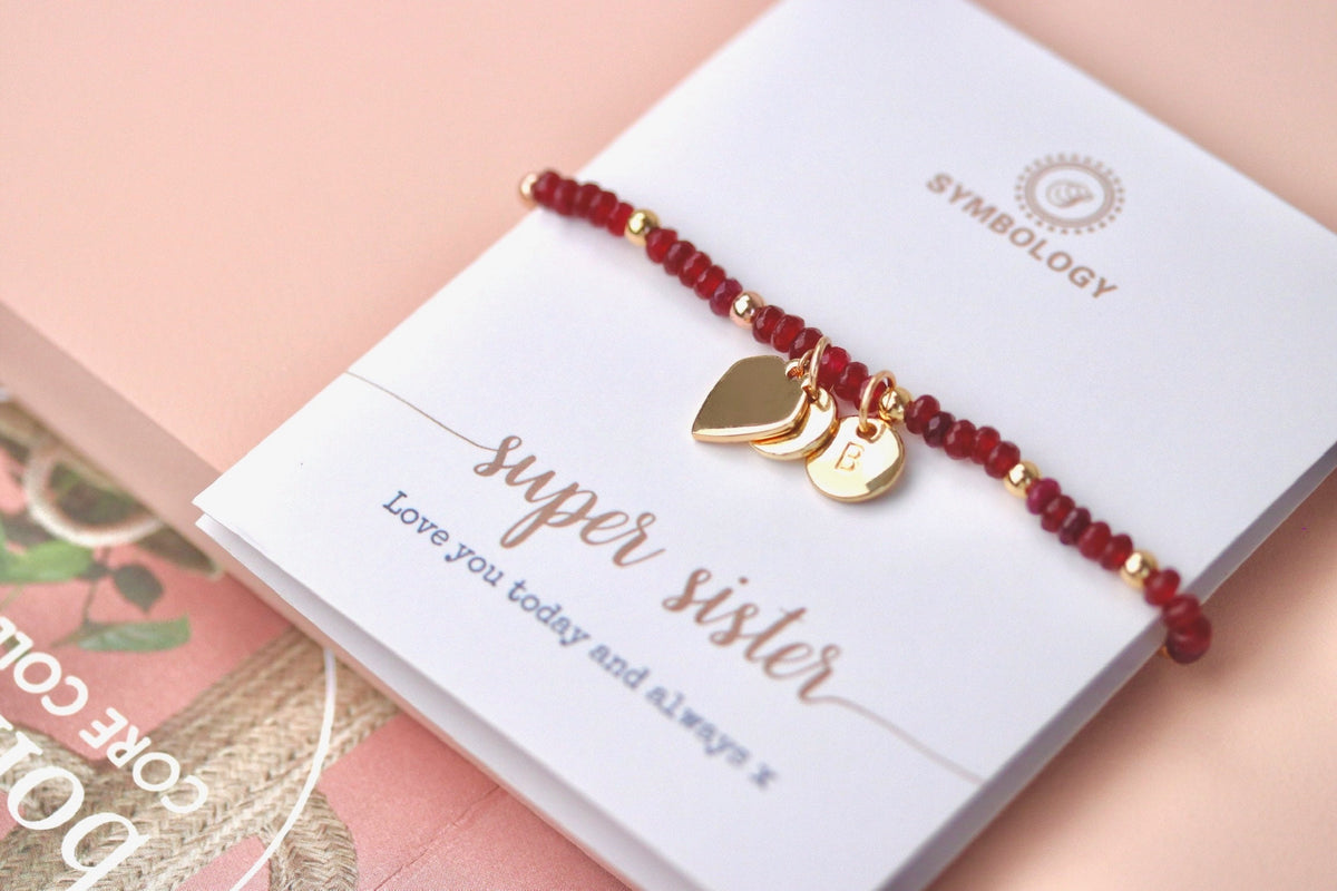 Personalised Initial Ruby Beads Bracelet, Gift for Sister Bracelet Alphabet Minimalist Jeweller, Dainty Natural Stone Bracelet, Gift for Her
