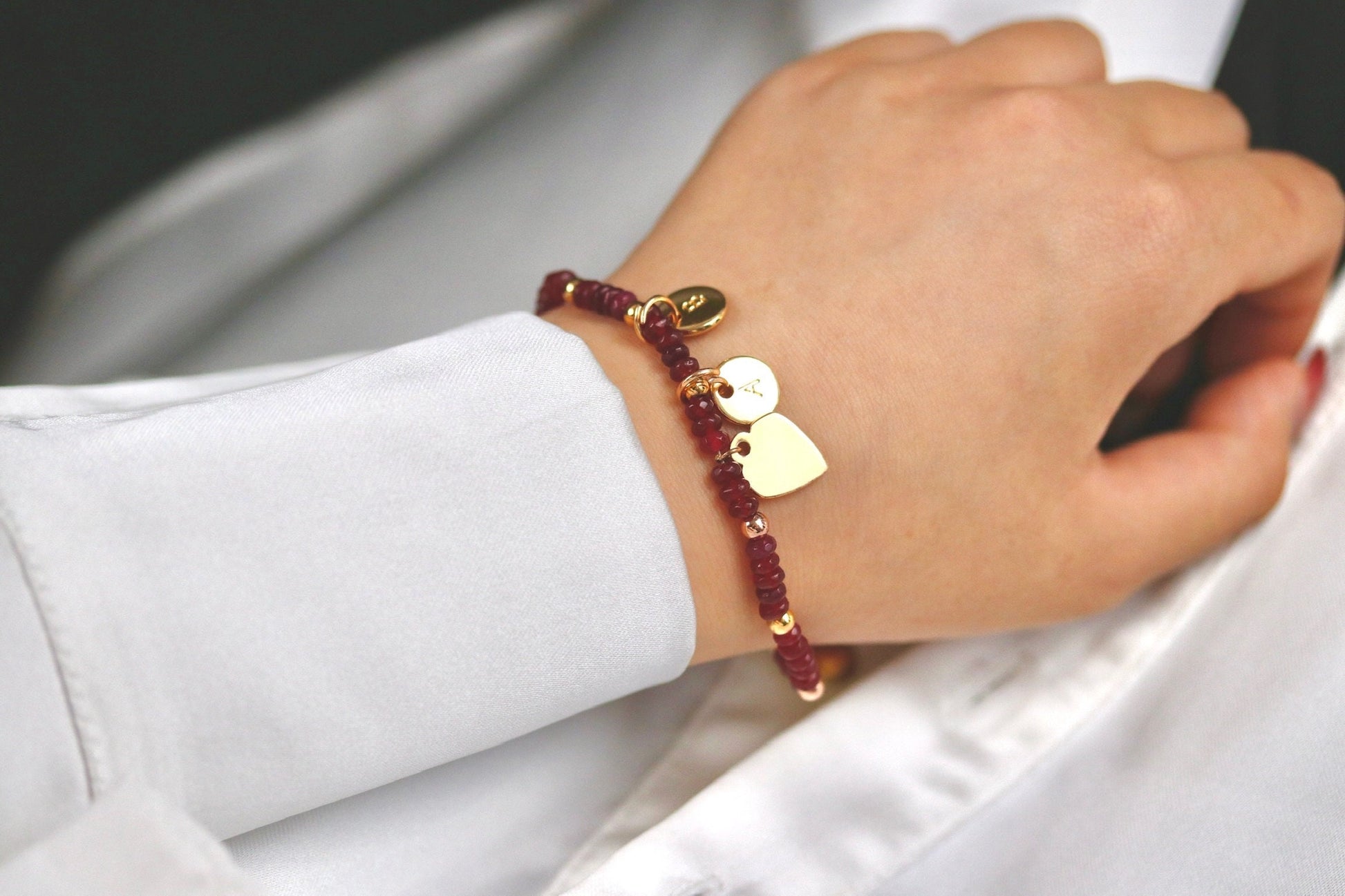 Personalised Initial Ruby Beads Bracelet, Gift for Mum Bracelet Alphabet Minimalist Jeweller, Dainty Natural Stone Bracelet, Gift for Her