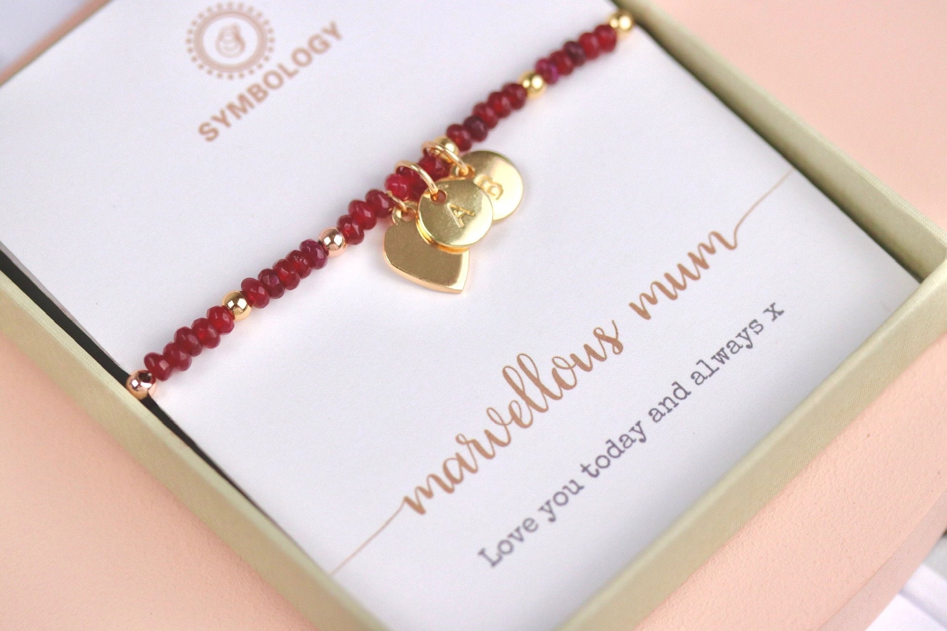 Personalised Initial Ruby Beads Bracelet, Gift for Mum Bracelet Alphabet Minimalist Jeweller, Dainty Natural Stone Bracelet, Gift for Her