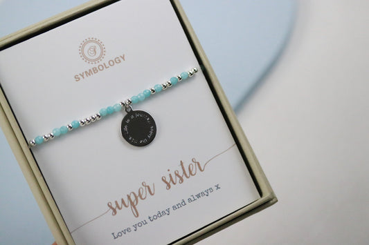 Personalised Alphabet Bracelet, Dainty Initial Sister Bracelet, Silver Blue Natural Beads Bangle, Stackable Gemstone Bracelet, Gift for Her