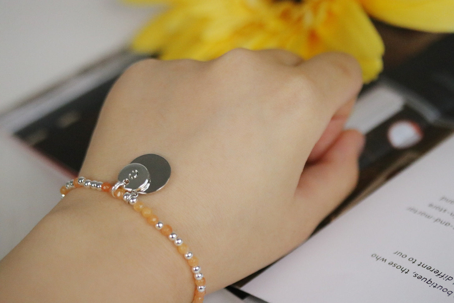Personalised Initial Bracelet, Gold Alphabet Daughter Bracelet, Stretch Peach Gemstone Bracelet, Daughter in Law Birthday Gift for Her,