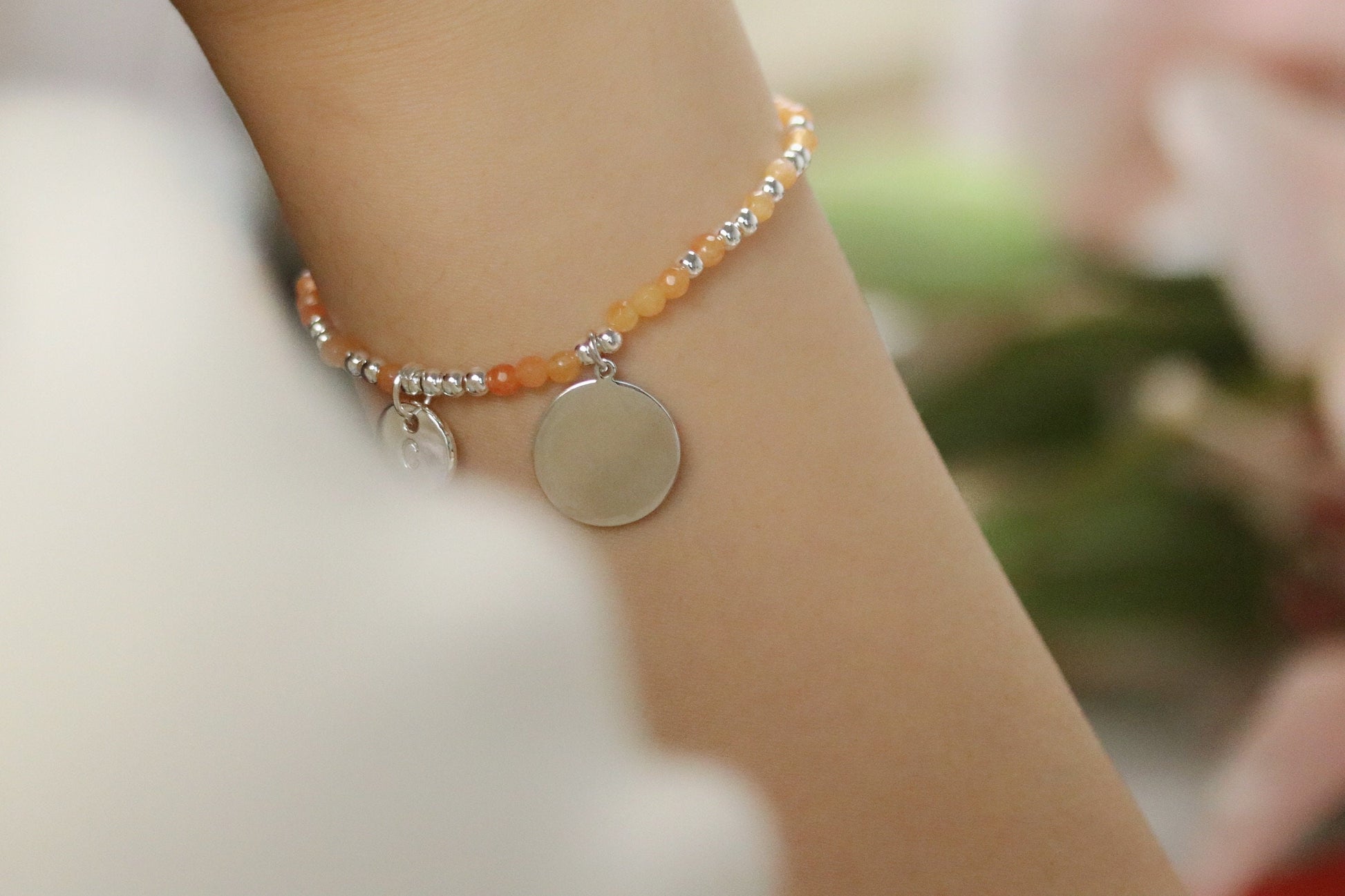 Personalised Initial Bracelet, Gold Alphabet Daughter Bracelet, Stretch Peach Gemstone Bracelet, Daughter in Law Birthday Gift for Her,