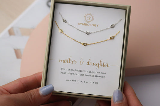 Mother Daugther Love Heart Bracelet Set, Minimalist Tiny Heart Bracelet for Mum Daughter Gift for Her, 925 Silver Dainty Stacking Bracelet